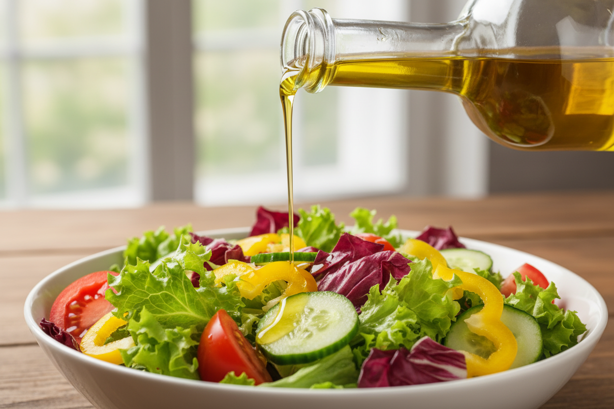 give me an image of olive oil poured on salad