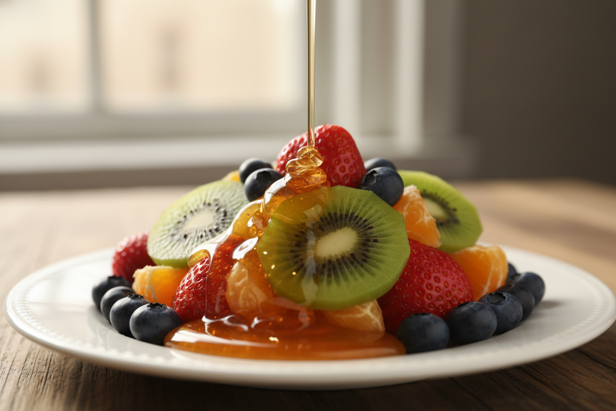 Make honey being poured onto a plate of fruits