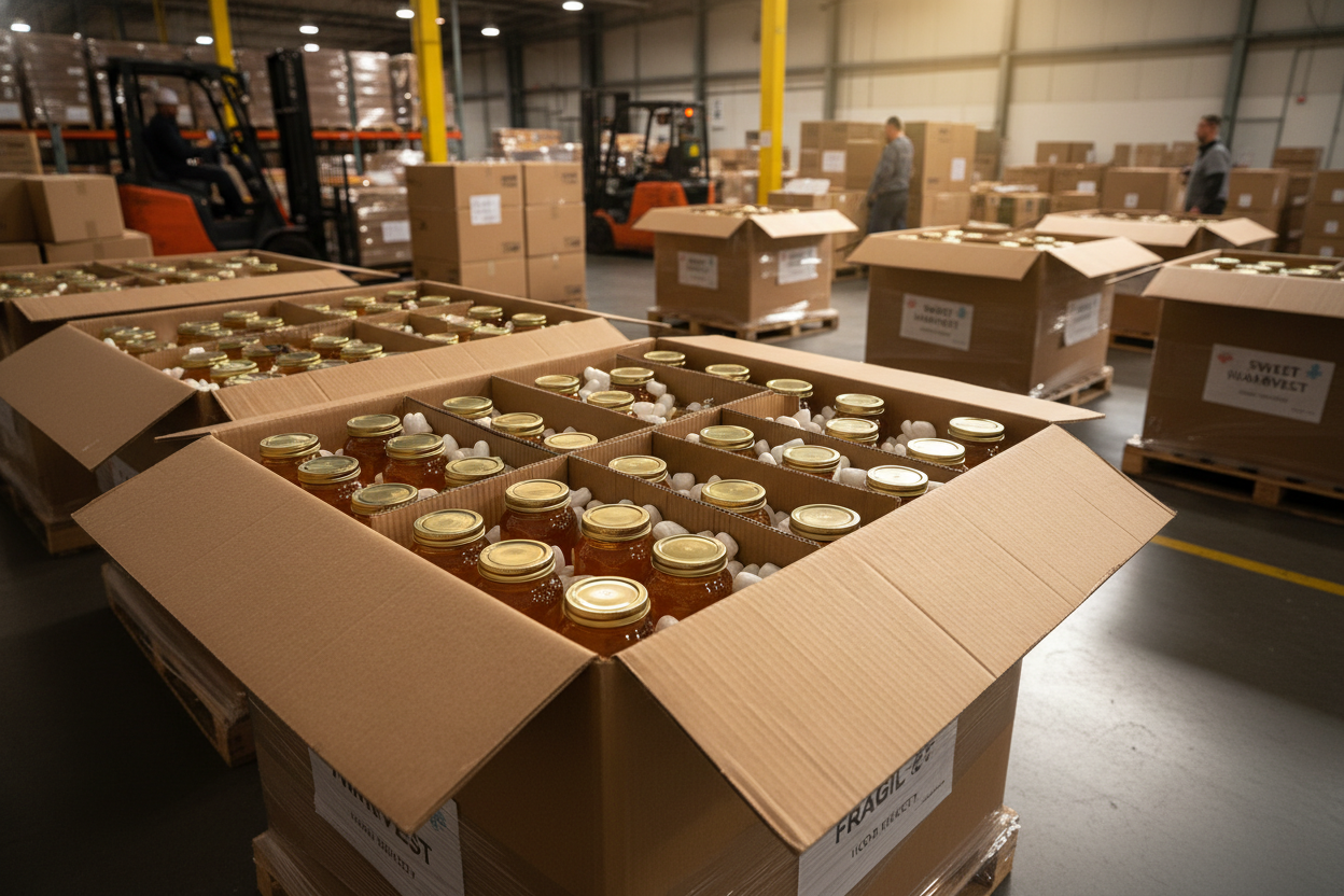 Of honey being shipped in large boxes