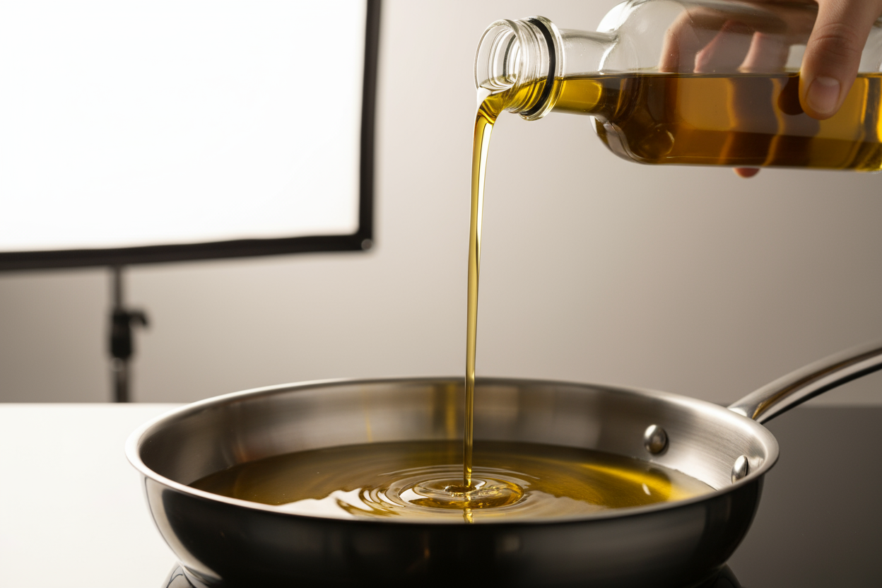 Of  virgin olive oil getting poured into a pan with no label on it and a high quality photo perfect lighting